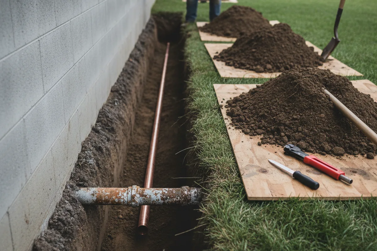 Excavated water line trench during Sewer Line Repair in Gwynn